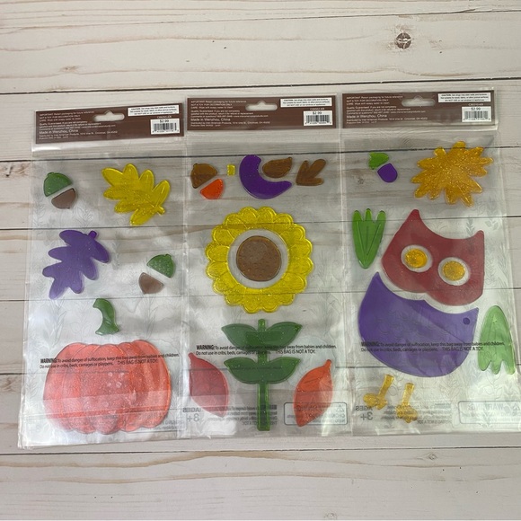Set Of 3 Fall Harvest Window Sticker Gel Clings Owl Sunflower Pumpkin Acorn Leaf - Picture 4 of 8